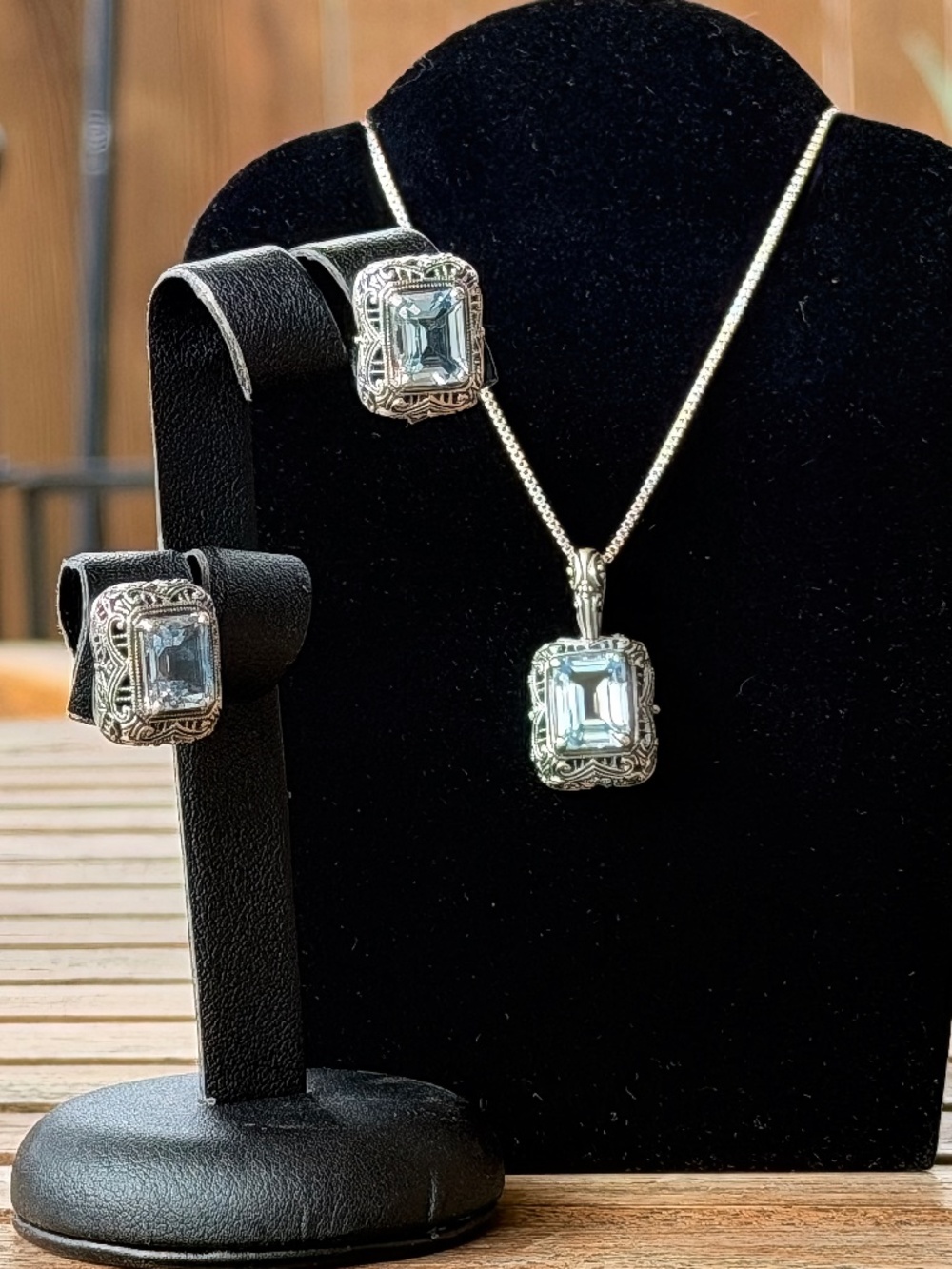Emerald Cut Blue Topaz Earrings & Pendant set in Antique Style Setting